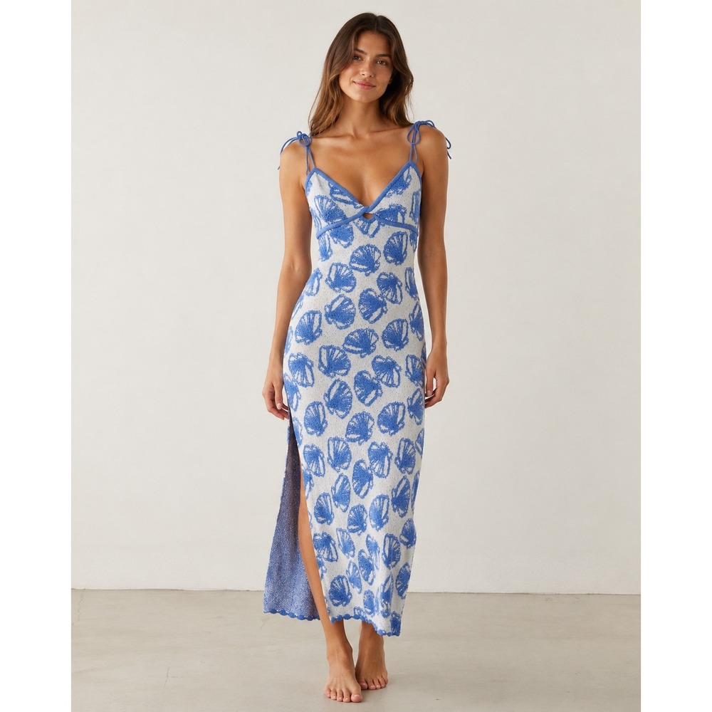 Saltwater Luxe Ocean Seashell Knit Maxi Dress Blue White S3228-OCN Small